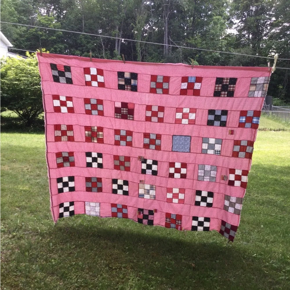 Vintage Quilt top handmade 9 Patch 92x155”